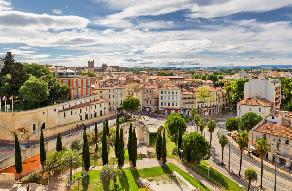 Vue panoramique de Montpellier avec cyprès au premier plan et la cathédrale Saint-Pierre en arrière-plan